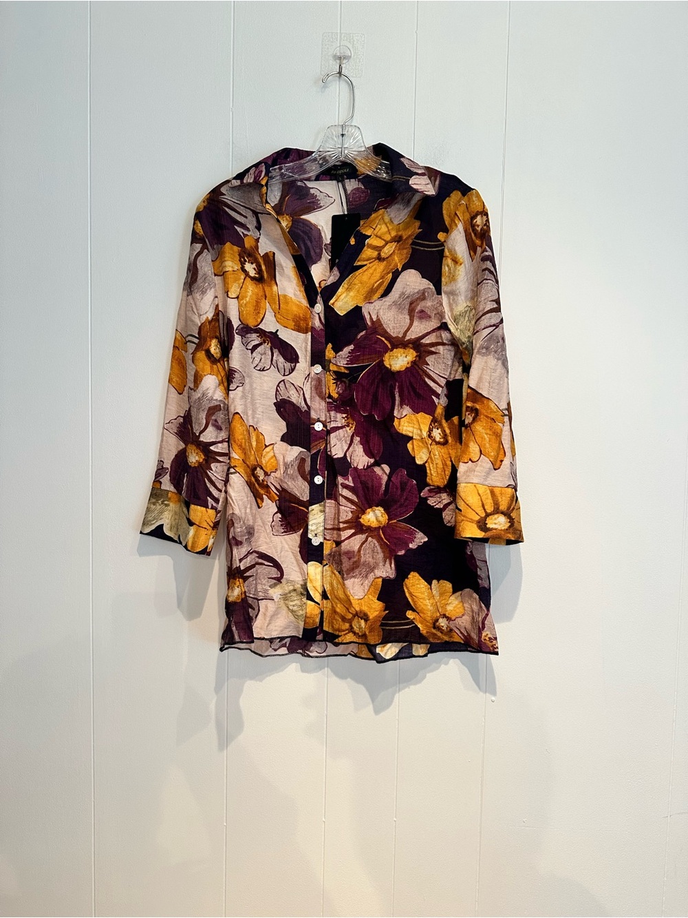NWT Radzoli Floral Button Front Blouse Women’s Large Sheer 3/4 Sleeve - Picture 3 of 9